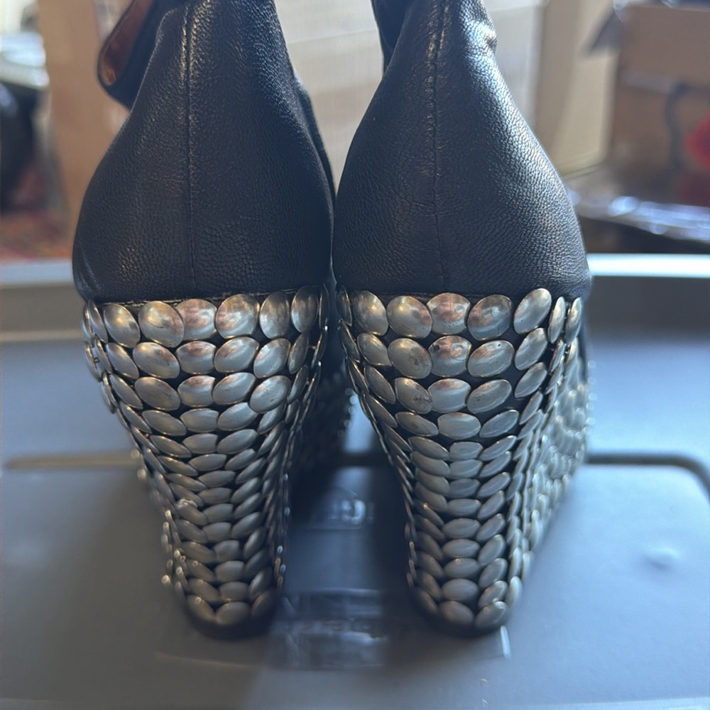 Jeffrey Campbell TICK Black Leather Silver Studded Wedge Booties - Picture 4 of 5